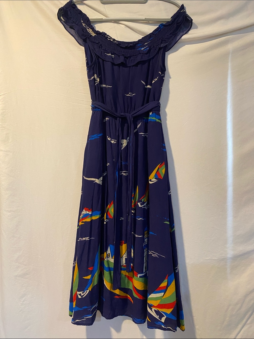 Anthropologie Navy Multicolor Sailboat Off-Shoulder Maxi Dress